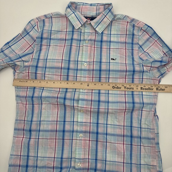 Vineyard Vines Whale Shirt Mens M Medium Blue Pink Plaid Button Down Slim Fit - Picture 7 of 8